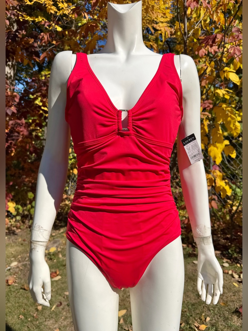 Lauren Ralph Lauren Swimsuit New Nwt Red Slimming Torso Size 14 Metal Ring